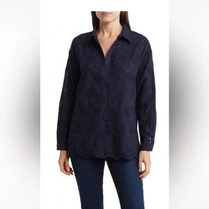 Adrianna Papell women’s Eyelet Button‎ Up  Down  shirt Navy Blue Small NWT